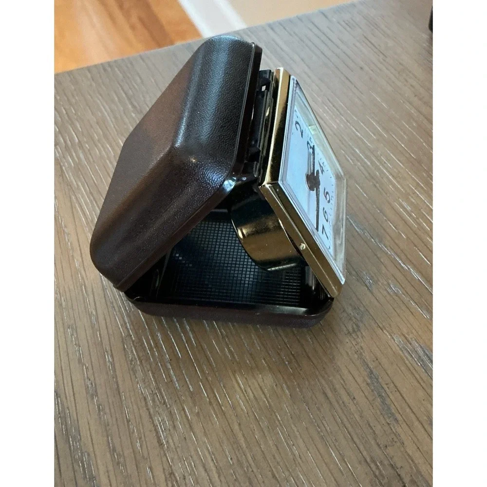 Vintage Westclox Folding Portable Travel Alarm Brown Hard Shell Case And Working